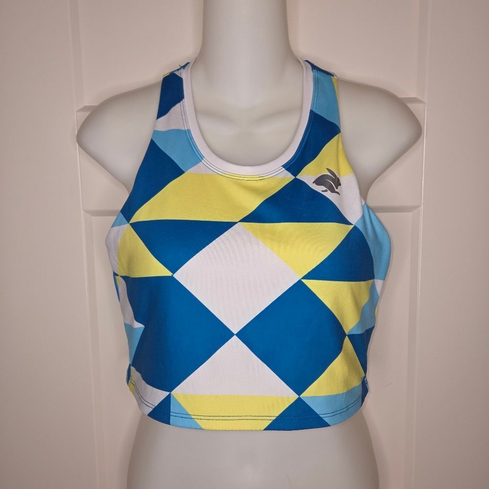 Rabbit Running Crop Hop Tank Top - Geometric Harlequin Print - Blue/Yellow Large